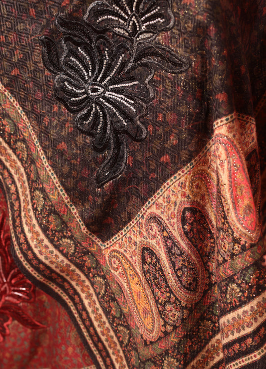 Makhmali Kani Print Stole With Antique Hand Work & Lace On The Palla
