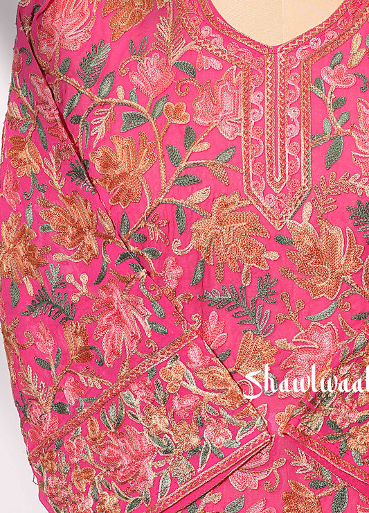 Women’s Pink Kashmiri Ari Work Embroidered Short Kurti
