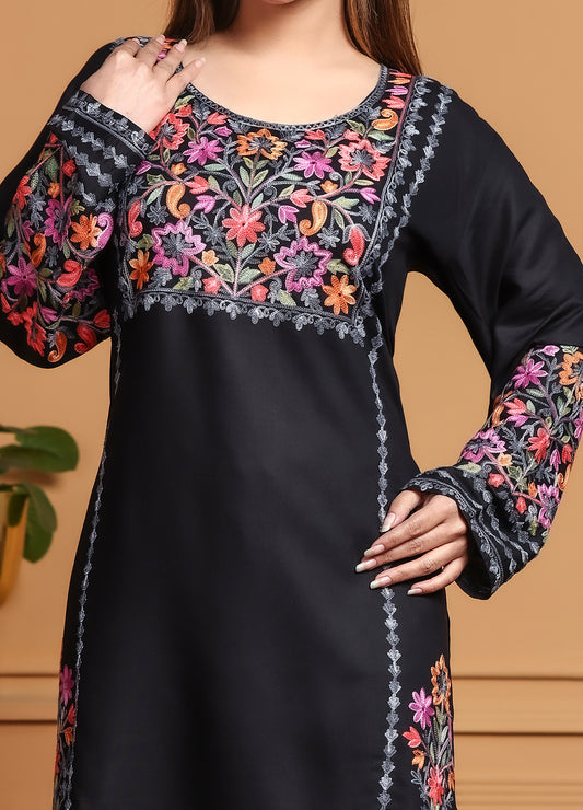 Black Kashmiri Ari Work Rayon Straight Embroidered Kurta With Pant