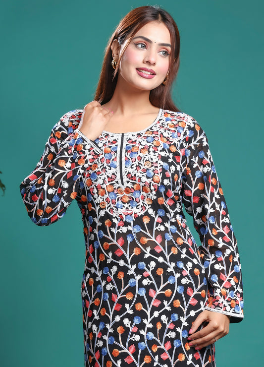 Black Multicolor Kashmiri Ari Work Georgette Long Kurta – Free Size