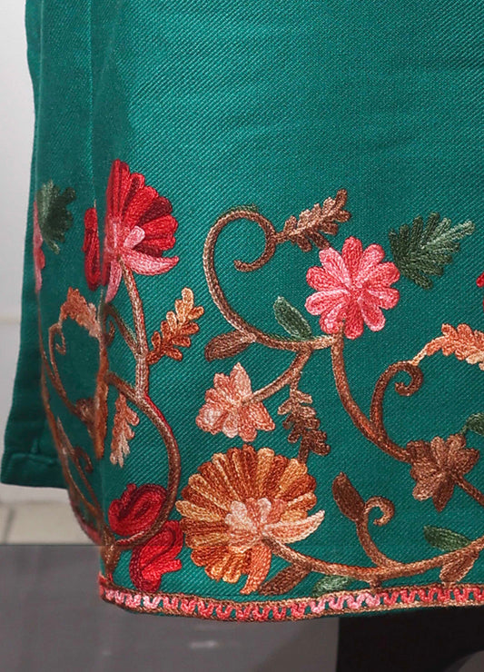 Chinar Neck & Arm Aari Embroidered Green Kashmiri Pheran
