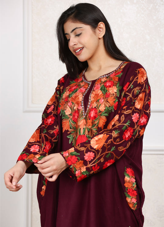 Chinar Neck & Arm Design Aari Embroidered Pheran