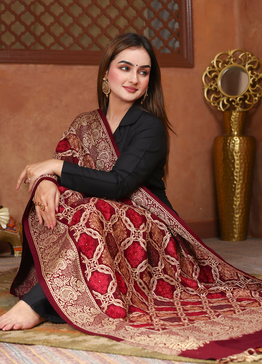 Crimson Charm Traditional Kashmiri Aari Kadai Shawl