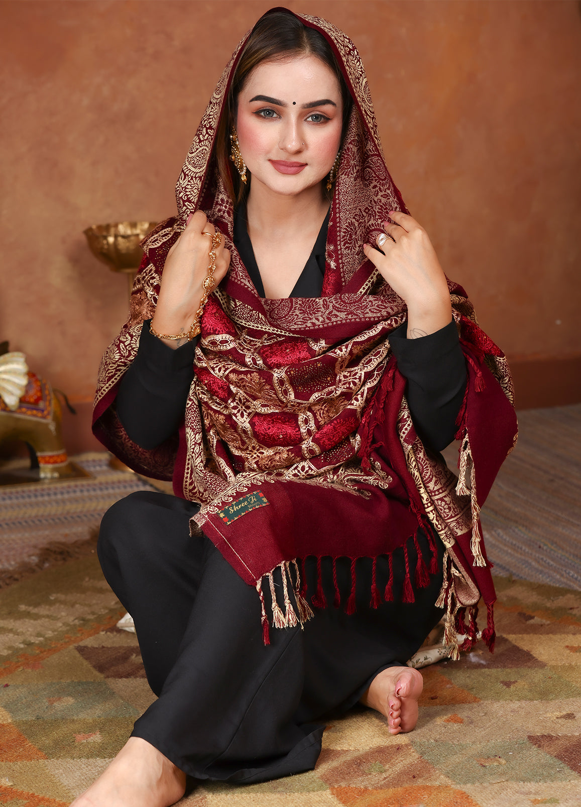 Crimson Charm Traditional Kashmiri Aari Kadai Shawl