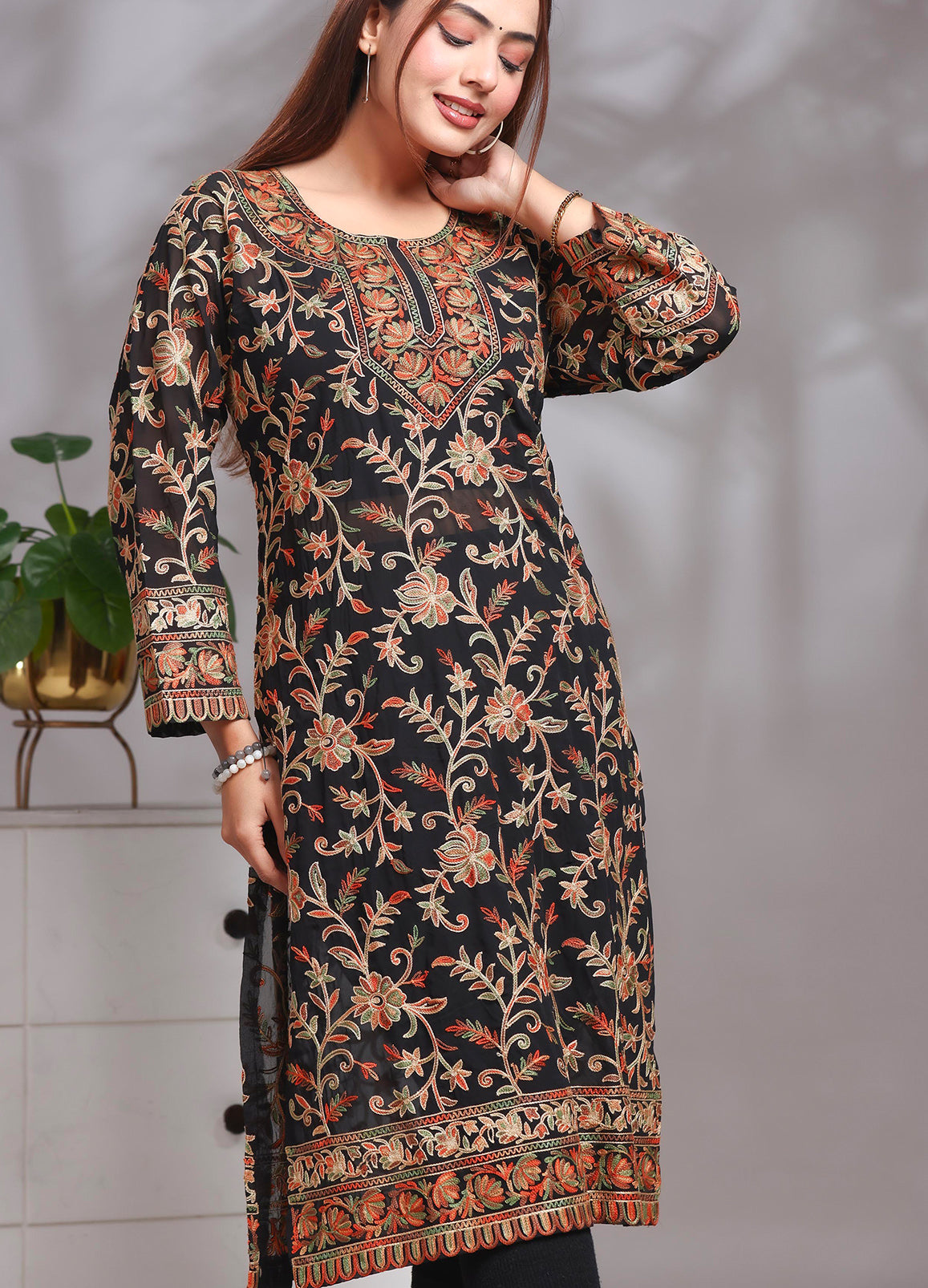 Georgette Long kurta In Black Color And Multi Color Embroidered