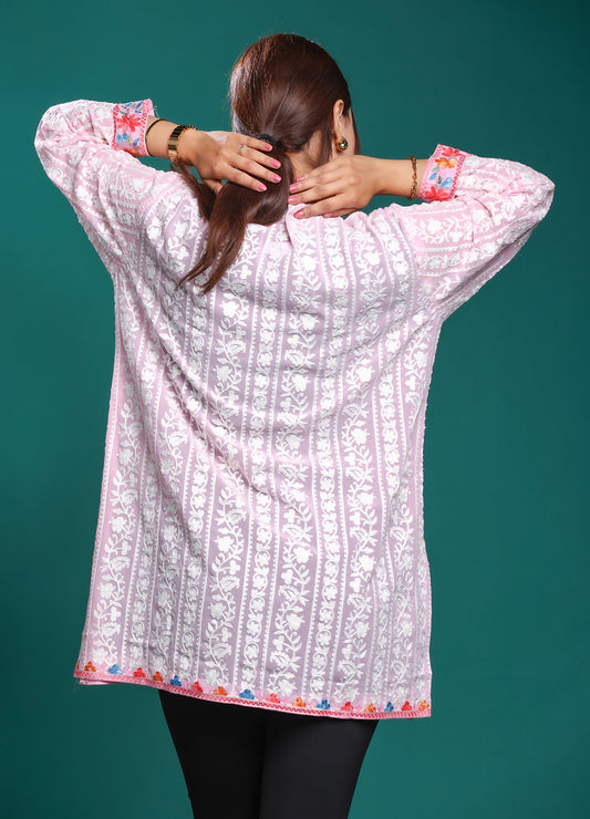 Women's Pink Floral Embroidered Georgette Long Kurta Multicolor Work