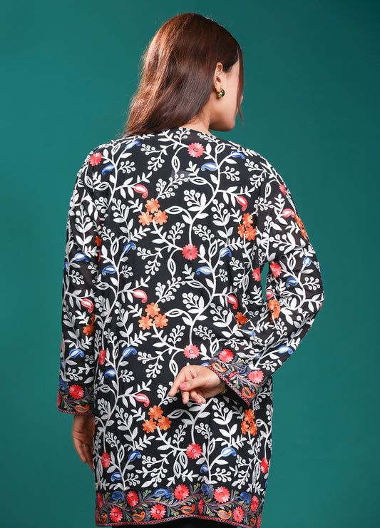 Women's Black Floral Embroidered Georgette Short Kurti
