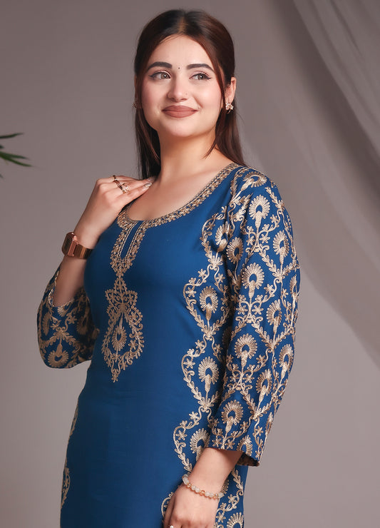 Kashmiri Ari Work Blue Rayon Straight Embroidered Kurta With Pant