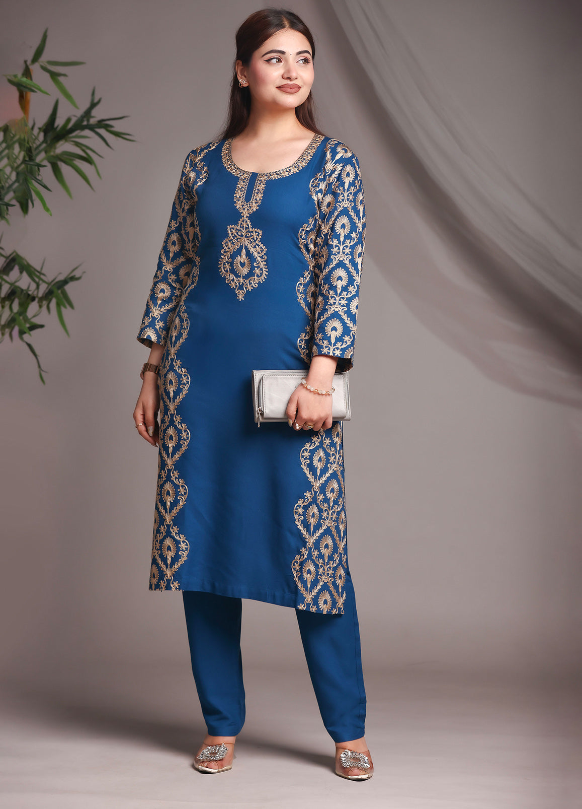 Kashmiri Ari Work Blue Rayon Straight Embroidered Kurta With Pant