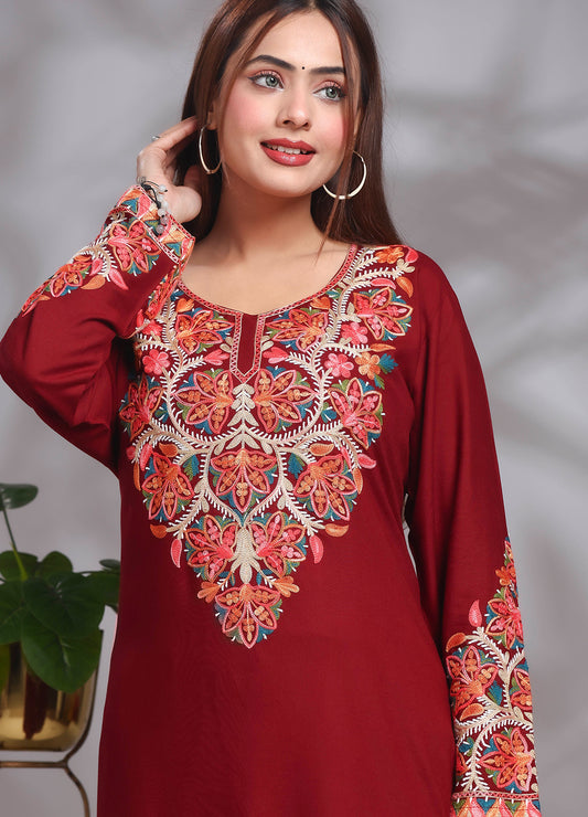 Kashmiri Ari work Rayon Straight Embroidered Kurta With Pant