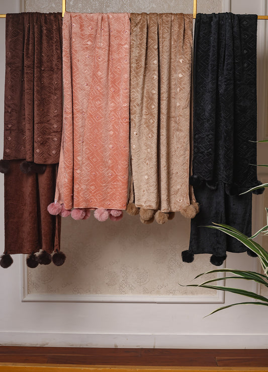 Makhmali Stole With Pearl & Pom Pom