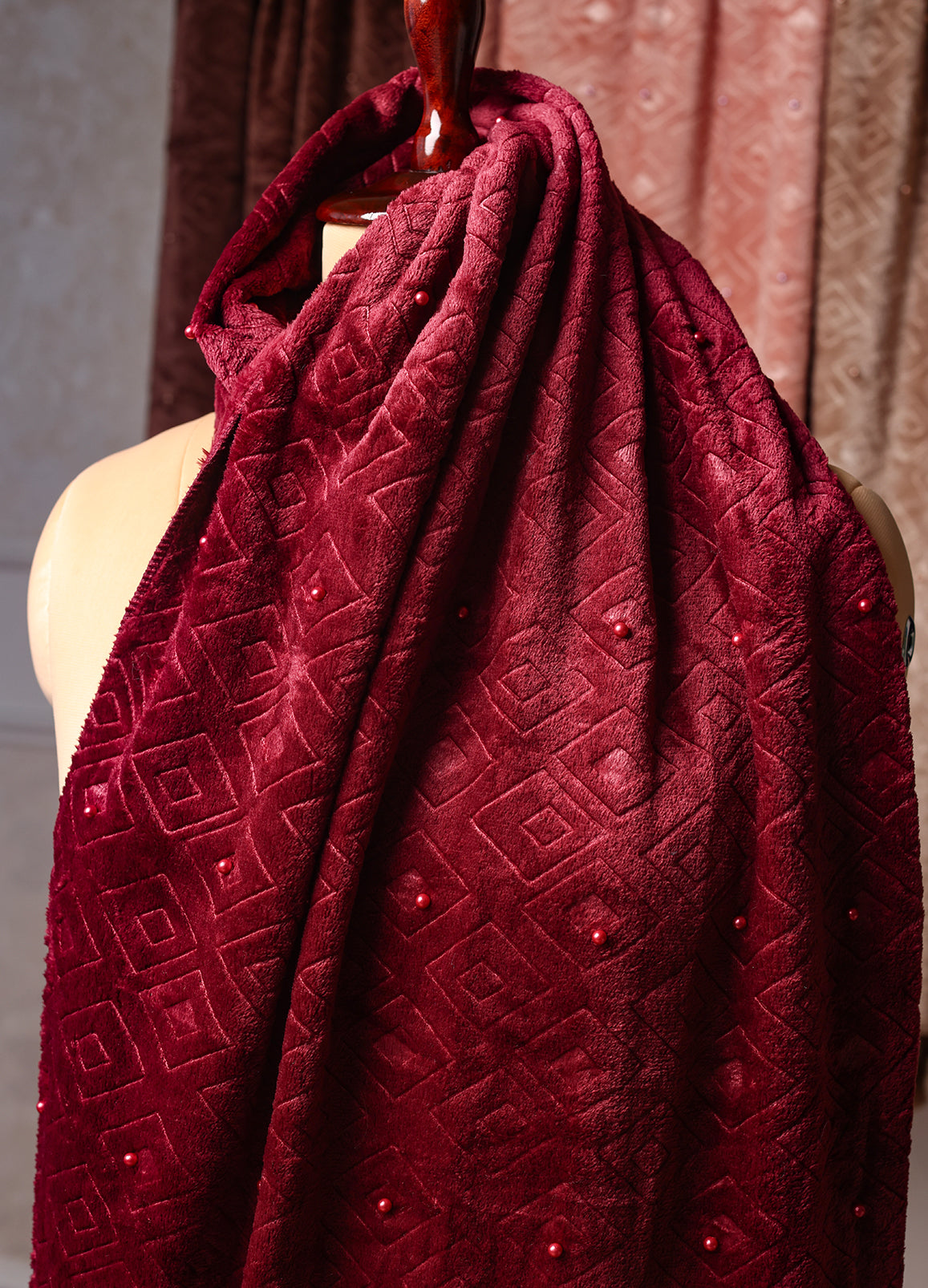Makhmali Stole With Pearl & Pom Pom