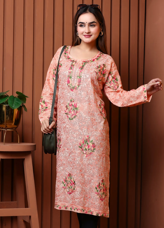 Women's Peach Floral Embroidered Georgette Long Kurta