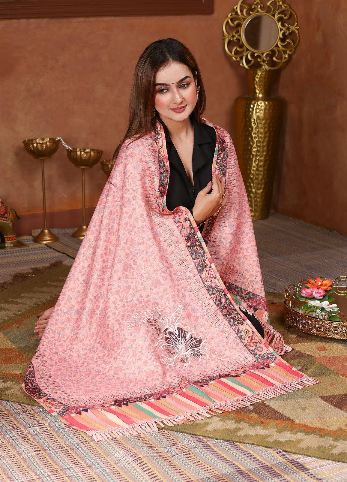 Powder Pink Hand Aari and kalamkari Embroidered Stole