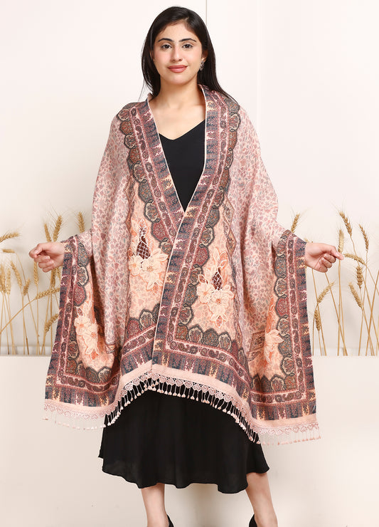 Makhmali Kani Print Stole With Antique Hand Work & Lace On The Palla