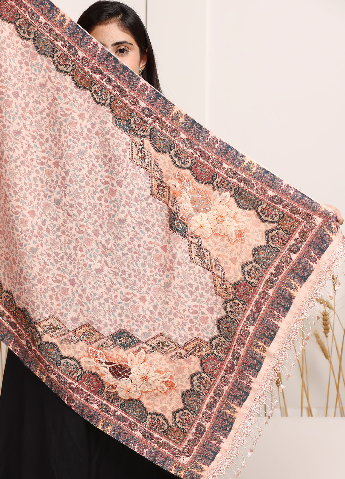 Makhmali Kani Print Stole With Antique Hand Work & Lace On The Palla