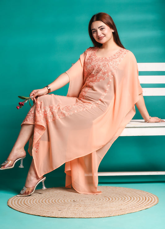 Women’s Peach Kashmiri Ari Work Embroidered Georgette Kaftan Kurta