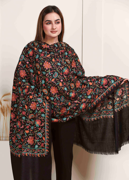 Rangrez 100% Pure Wool Fabric Sozni Hand Embroidered Shawl
