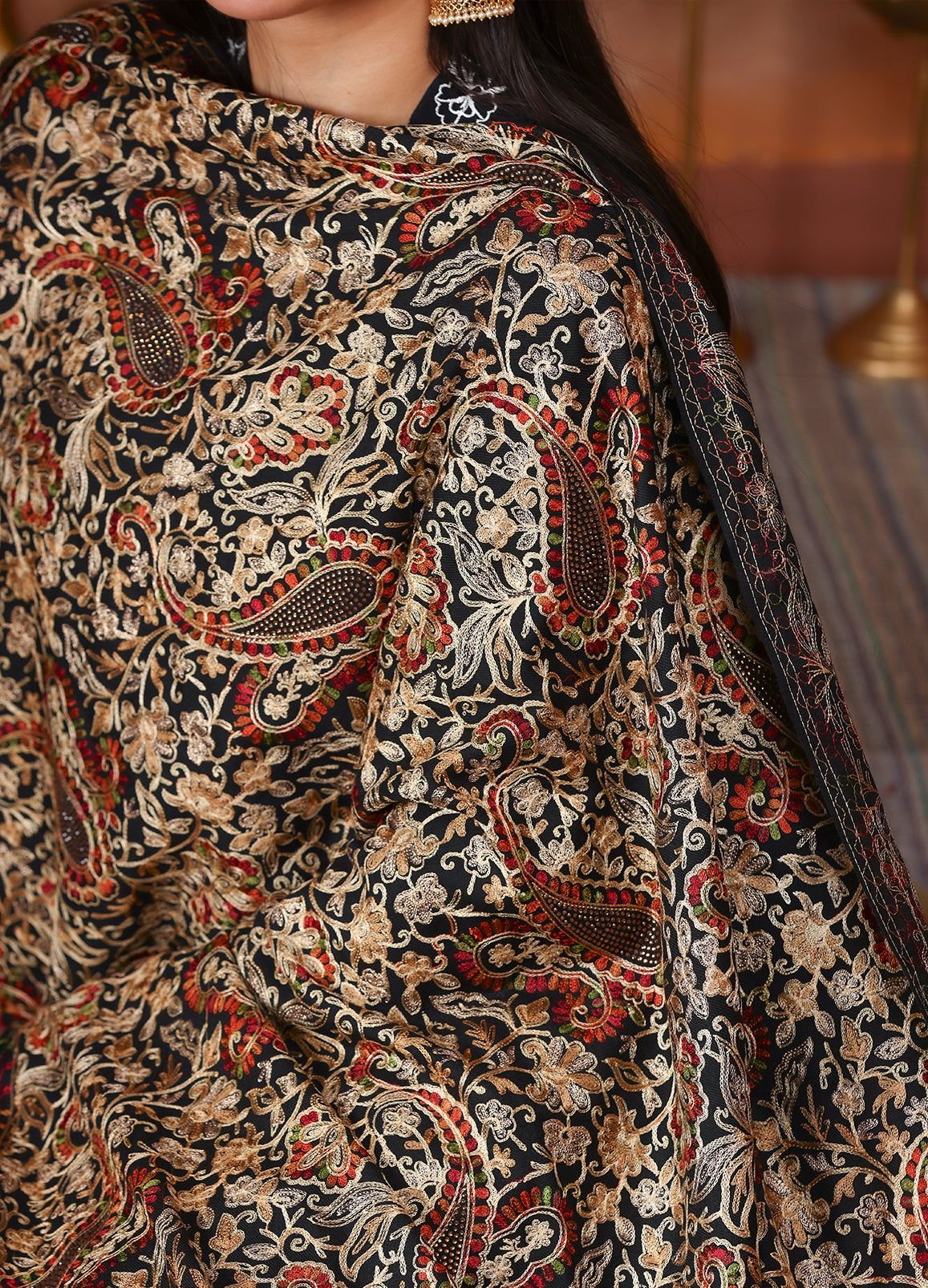 Regal Noir Aari Embroidered Kashmiri Shawl