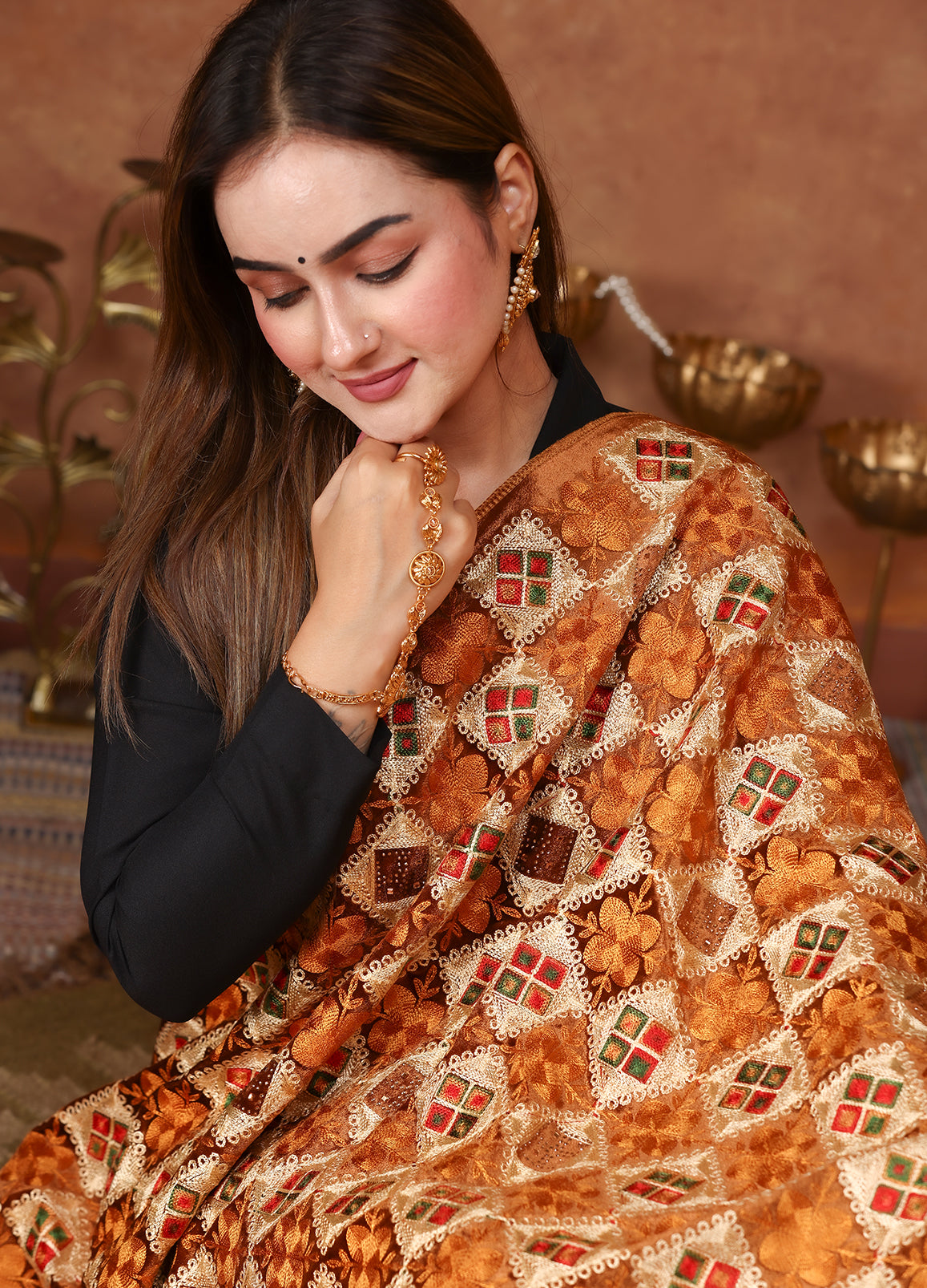 Rust Gold Phulkari Embroidered Valvet Stole