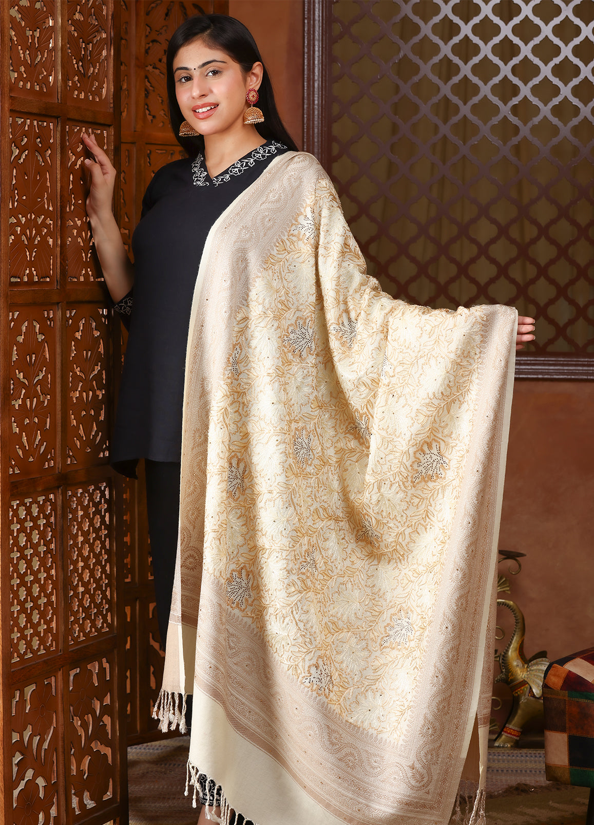 Tone To Tone Chinar Nalki Embroidery Shawl Crystal Stone Work