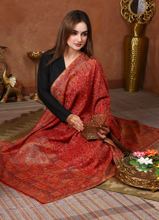 Traditional Red Kani Stole With Heritage Weave