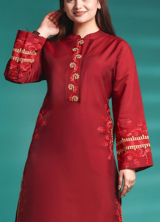 Women's Ethnic Maroon Embroidered Rayon Straight Co-ord Set