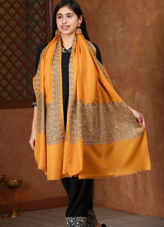 Yellow Color Paisley With Sozni Work Artistry On Pure Pashmina
