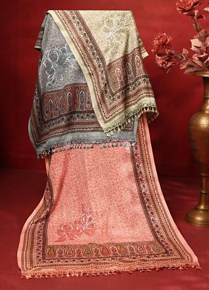 Makhmali Kani Print Stole with Antique Handwork &amp; Lace on the Palla