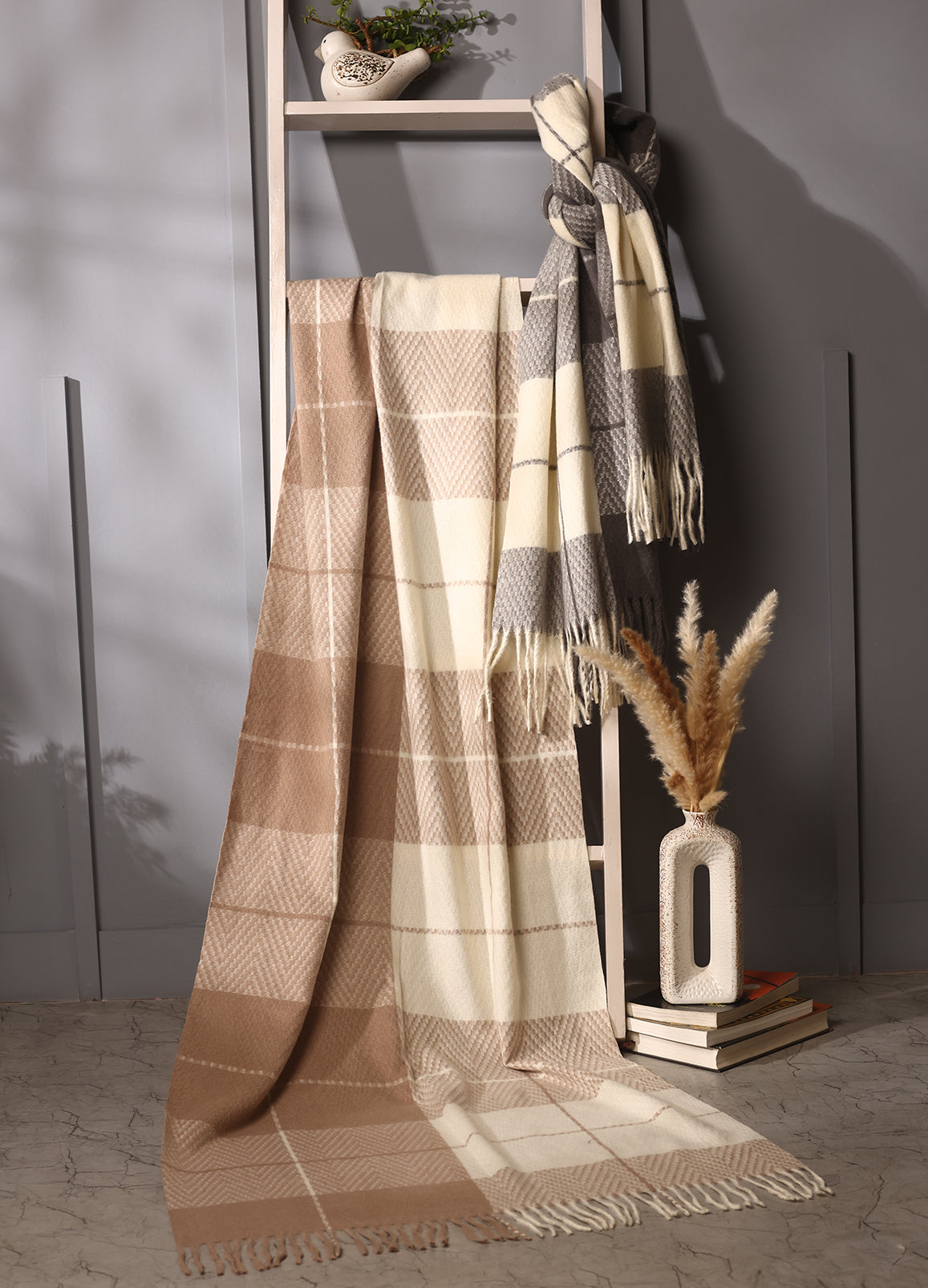 Brown & Grey Double-Tone Checker Cashmere Stole