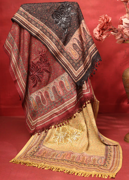 Makhmali Kani Print Stole With Antique Hand Work & Lace On The Palla