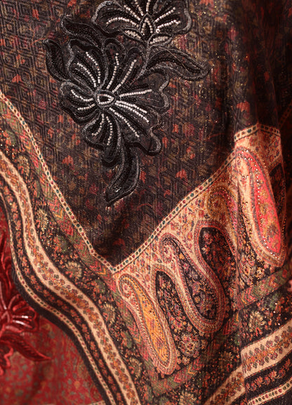 Makhmali Kani Print Stole With Antique Hand Work & Lace On The Palla