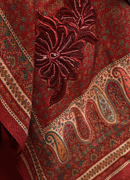 Makhmali Kani Print Stole With Antique Hand Work & Lace On The Palla