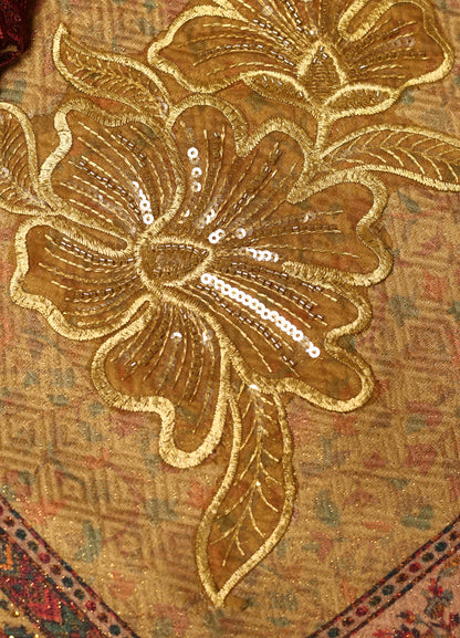 Makhmali Kani Print Stole With Antique Hand Work & Lace On The Palla