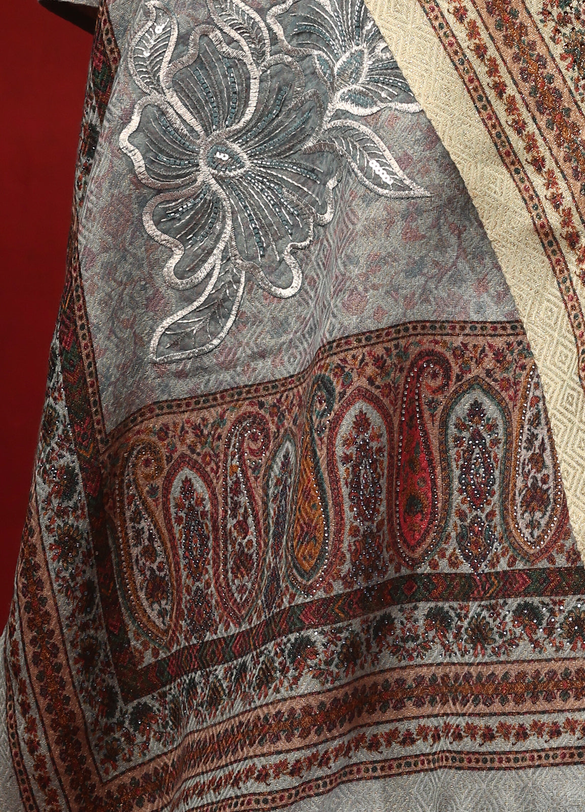 Makhmali Kani Print Stole with Antique Handwork &amp; Lace on the Palla