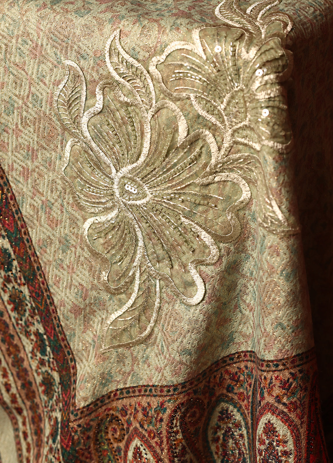 Makhmali Kani Print Stole with Antique Handwork &amp; Lace on the Palla