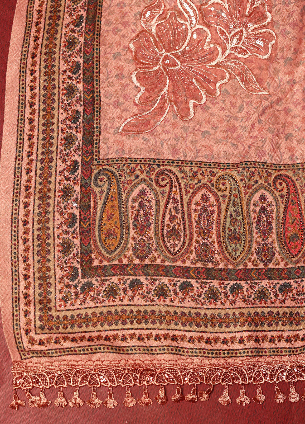 Makhmali Kani Print Stole with Antique Handwork &amp; Lace on the Palla