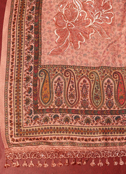 Makhmali Kani Print Stole with Antique Handwork &amp; Lace on the Palla
