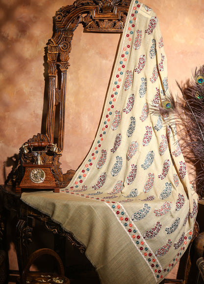 Pure Wool Sozni Hand Embroidered Shawl (Size: 101x203 Cm)