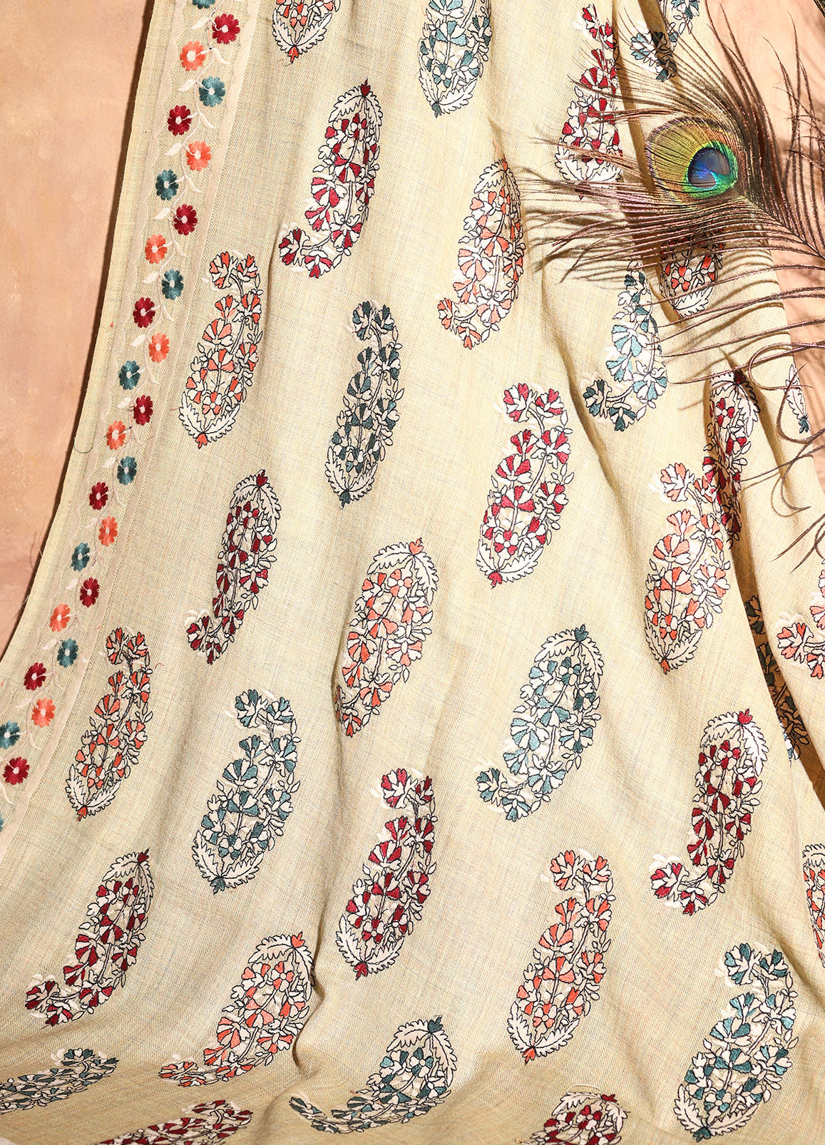 Pure Wool Sozni Hand Embroidered Shawl (Size: 101x203 Cm)