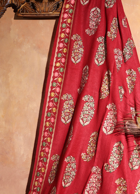 Pure Wool Sozni Hand Embroidered Shawl (Size: 101x203 Cm)