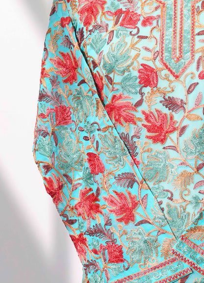 Women’s Turquoise Kashmiri Ari Work Embroidered Short Kurta