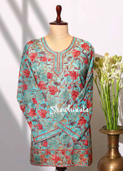 Women’s Turquoise Kashmiri Ari Work Embroidered Short Kurta