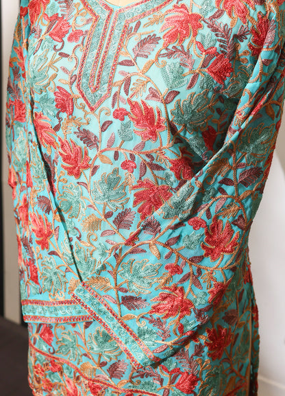 Women’s Turquoise Kashmiri Ari Work Embroidered Short Kurta