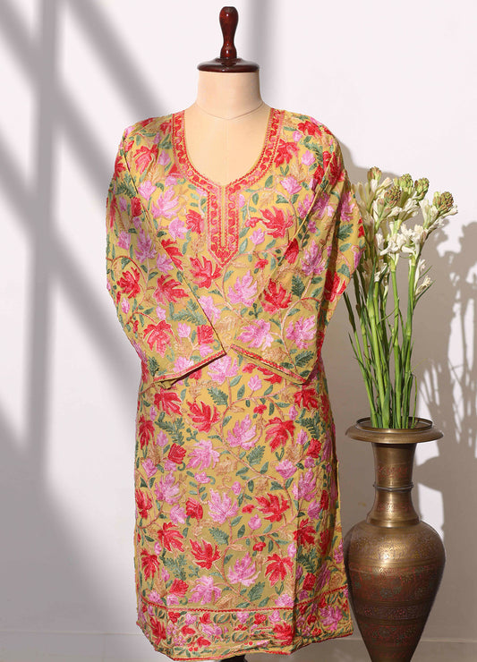 Women's Mustard Kashmiri Ari Work Embroidered Long Kurta