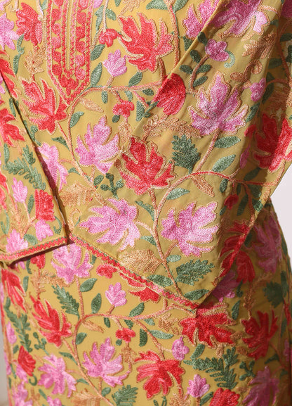Women's Mustard Kashmiri Ari Work Embroidered Long Kurta