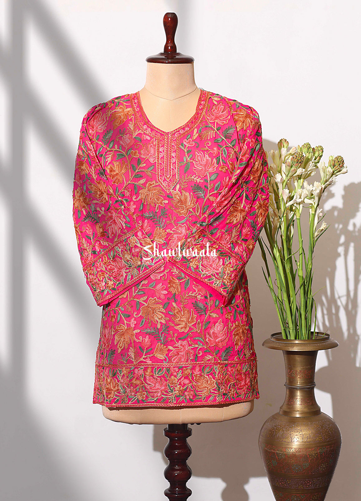 Women’s Pink Kashmiri Ari Work Embroidered Short Kurti