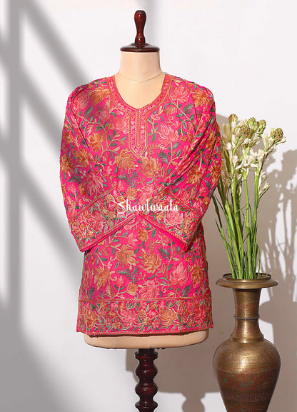 Women’s Pink Kashmiri Ari Work Embroidered Short Kurti