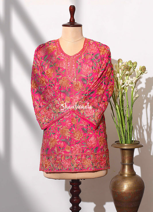 Women’s Pink Kashmiri Ari Work Embroidered Short Kurti