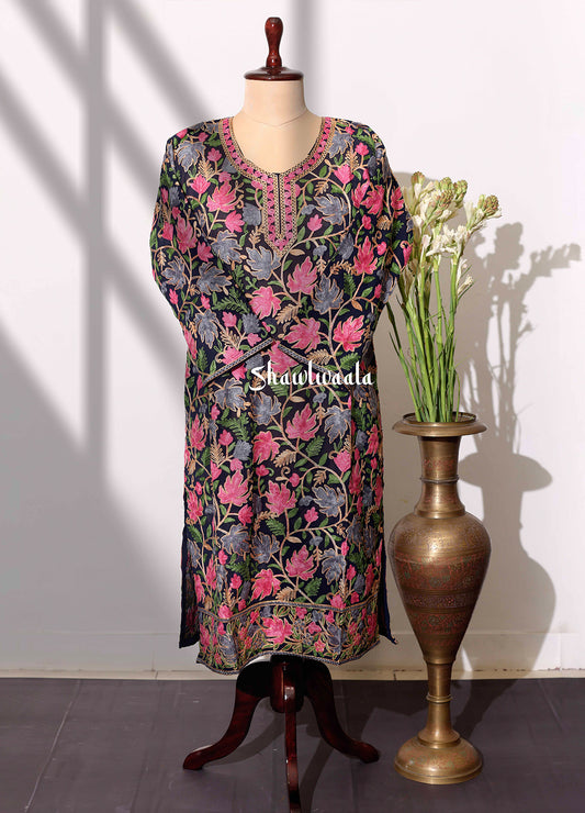 Women's Black Kashmiri Ari Work Embroidered Long Kurta